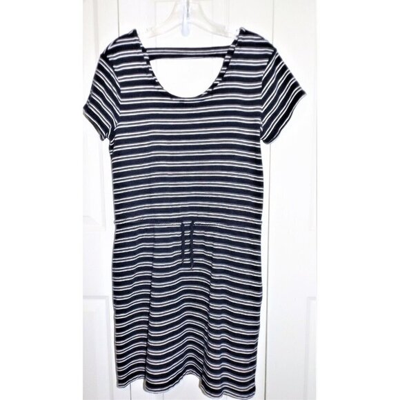 T By Talbots M Navy Striped Short Sleeve Dress Drawstring Waist CARE TAG MISSING - Picture 1 of 5